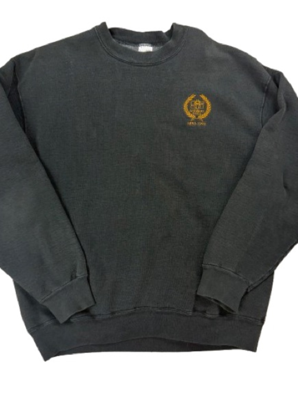 Vtg Stewart title 1893-1993 Fruit of the Loom Blk Crewneck Sweater Gold Crest L